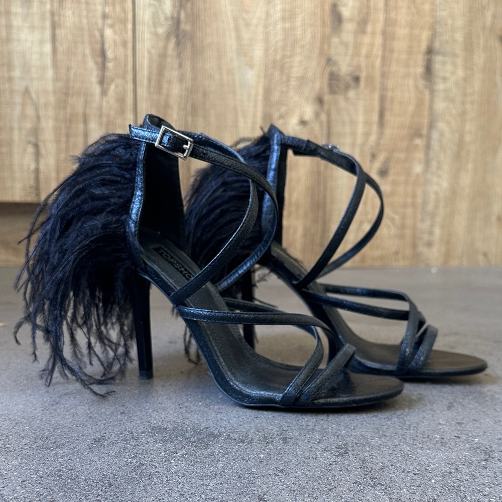 Topshop Black Strappy Feather Stiletto Heels Size 6.5